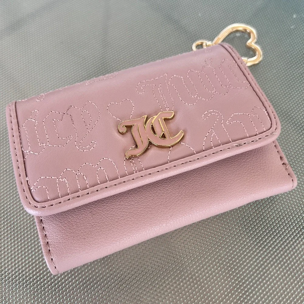 Juicy‎ Couture Pink Embossed Logo Tri Fold Card Case With Heart Keychain